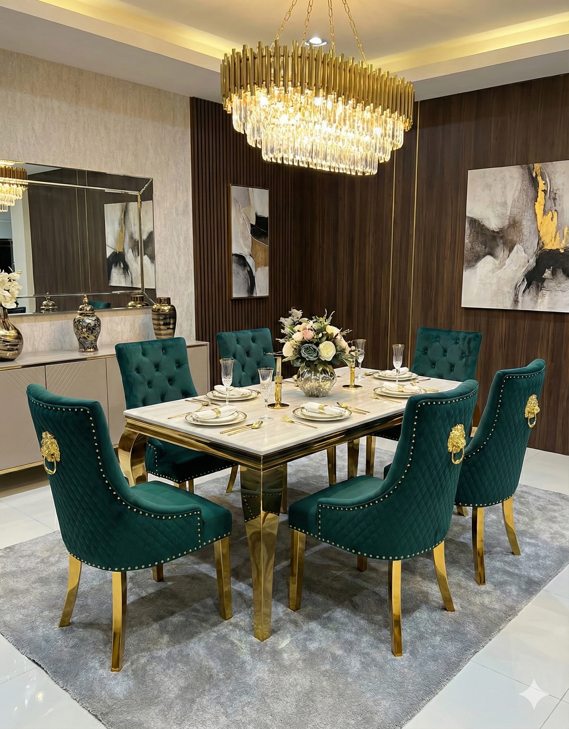 Sofia Cream Gold Marble Dining Table with Majestic Gold Lion Knocker C ...