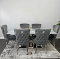 Rose 180cm Grey Marble Dining Table With Valentino Dark Grey Dining Chairs Lion Knocker
