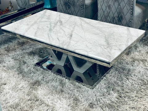 Majestic Grey Marble Coffee Table - Real Stone Top, High Gloss Base