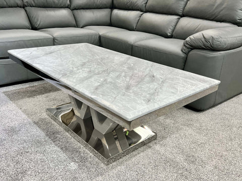 Majestic Grey Marble Coffee Table with High Gloss Base, Modern Luxury Design