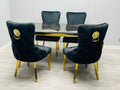 Sofia Black & Gold Marble Dining Table with 4 Lion Knocker Back Chairs