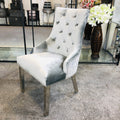 Majestic Silver Fabric Dining Chair, High-Quality Velvet, Chrome Legs, Lion Knocker