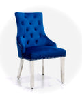 Majestic Navy Blue Velvet Dining Chair with Lion Knockerback and Chrome Legs