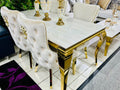 Sofia Cream & Gold Marble Dining Table with 4 Plush Lion Knocker Chairs
