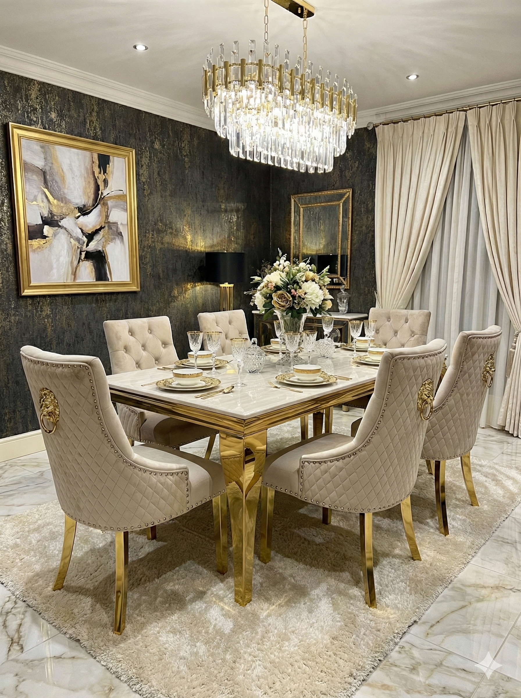 Sofia Cream Gold Marble Dining Table with Majestic Gold Lion Knocker C ...