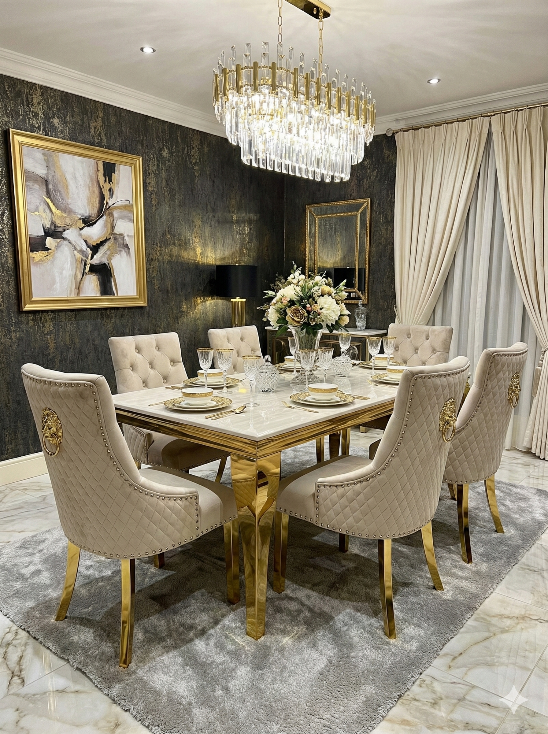 Sofia Cream Gold Marble Dining Table with Majestic Gold Lion Knocker C ...