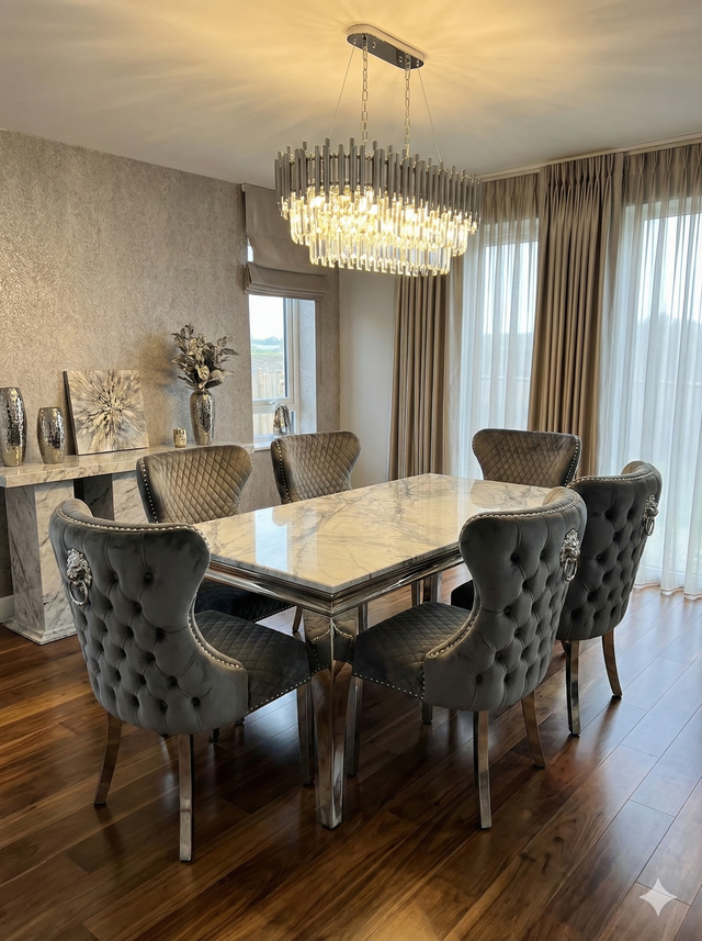 Sofia Grey Marble Dining Table with Valentino Lion Knocker Chairs ...