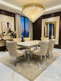 Sofia Cream Marble Dining Table with Valentino Mink Lion Knocker Chairs